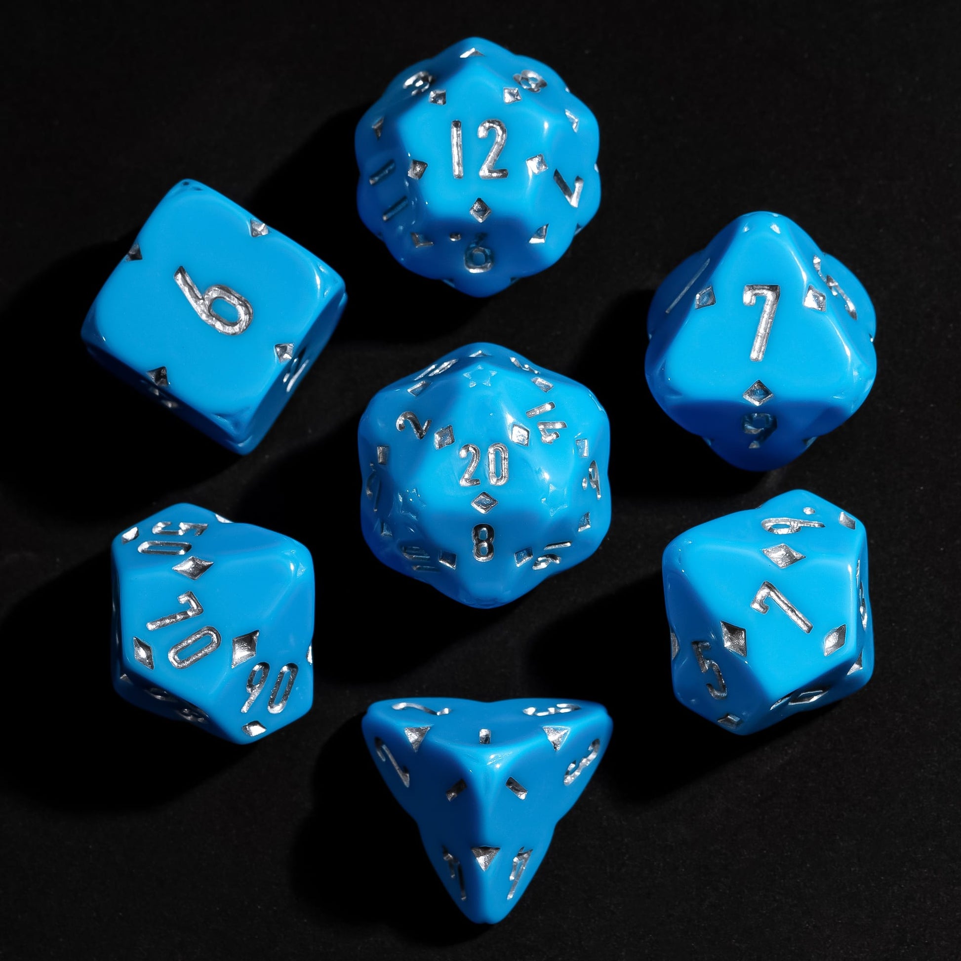 Blue Fourfold Clover Dice Set, 7 polyhedral dice for DnD & DnD 5e featuring clover motifs and white numbering