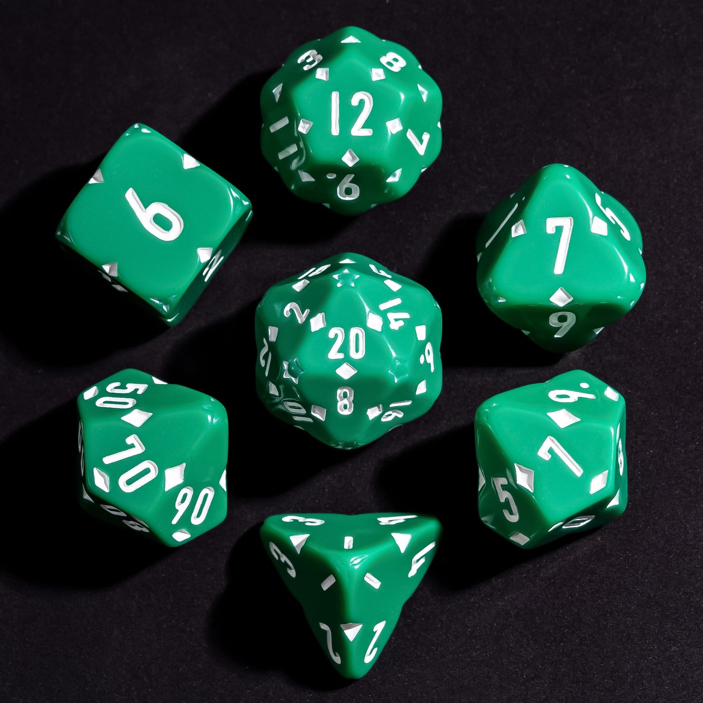 Green Fourfold Clover Dice Set, 7 polyhedral dice for DnD & DnD 5e with clover-shaped details and white numbering
