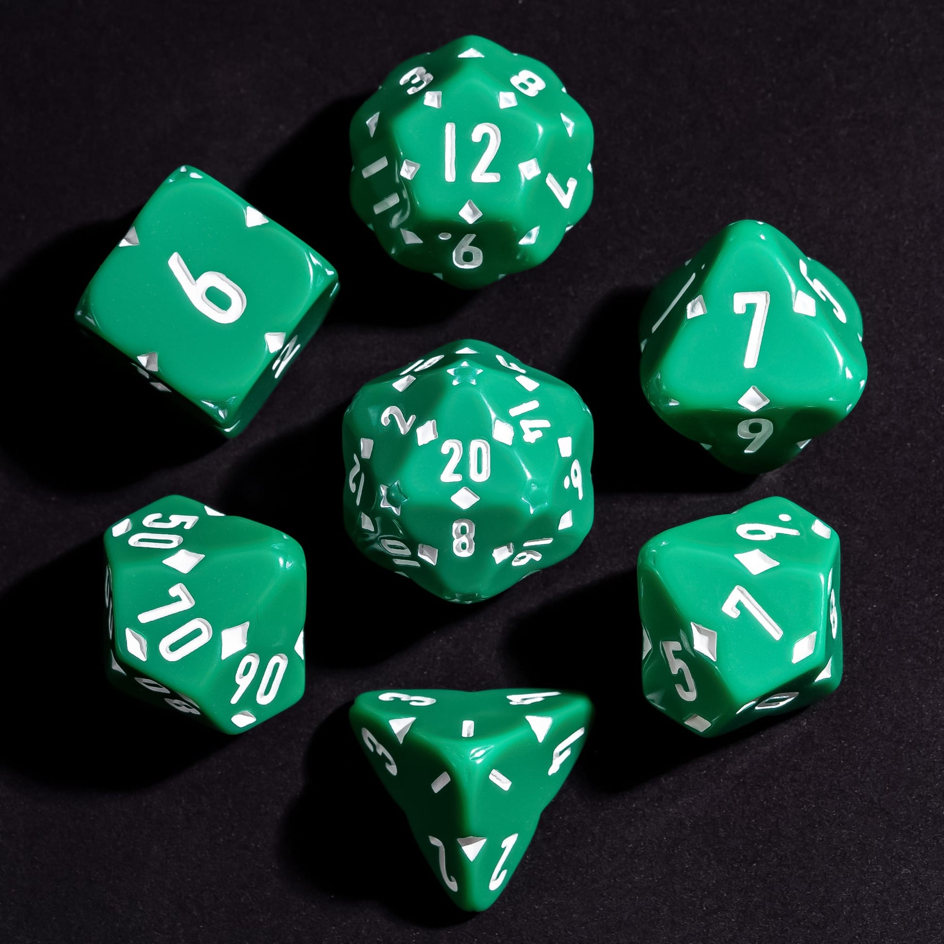 Green Fourfold Clover Dice Set, 7 polyhedral dice for DnD & DnD 5e with clover-shaped details and white numbering