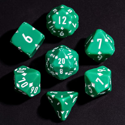 Green Fourfold Clover Dice Set, 7 polyhedral dice for DnD & DnD 5e with clover-shaped details and white numbering