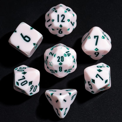 Pink Fourfold Clover Dice Set, 7 polyhedral dice for DnD & DnD 5e with clover icons and green numbering