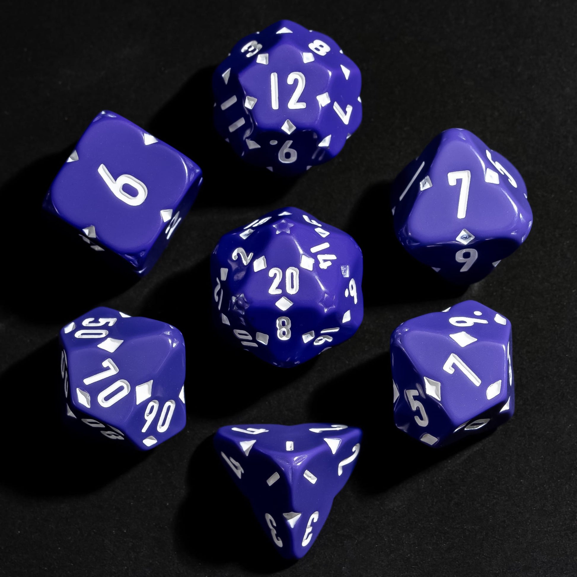 Purple Fourfold Clover Dice Set, 7 polyhedral dice for DnD & DnD 5e featuring clover designs and white numbering