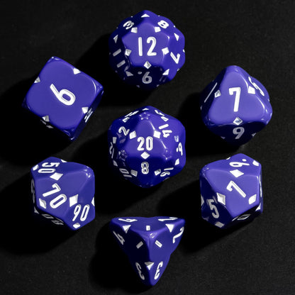 Purple Fourfold Clover Dice Set, 7 polyhedral dice for DnD & DnD 5e featuring clover designs and white numbering