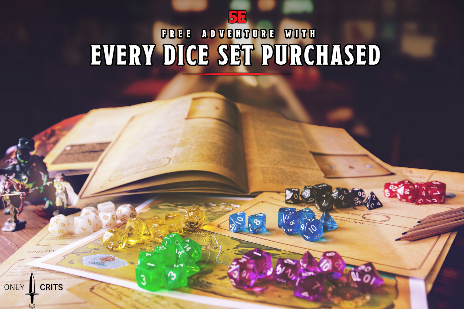 Dice set with dice on a game book, promotional text overlay