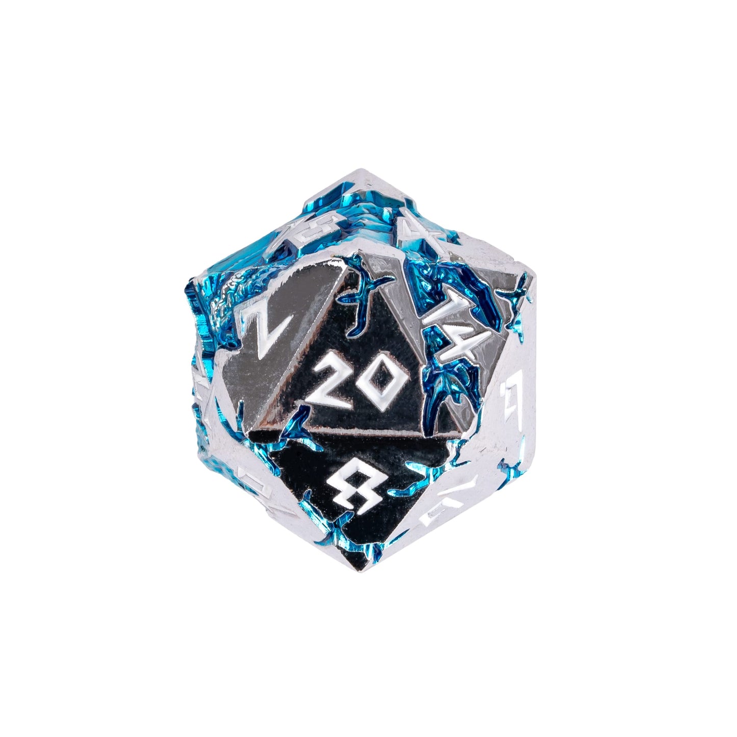 Close up of Frost Tide Dragon metal D20 featuring silver metal edges, white numbering