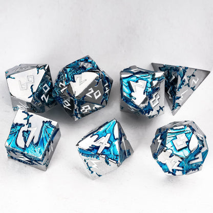 Complete Frost Tide Dragon metal dice set with silver metal and blue tide effects