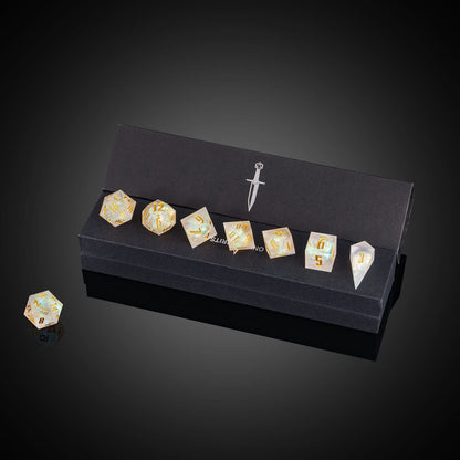 Frosted Beam Sharp Edge Dice Set displayed in Only Crits box with gold numbering