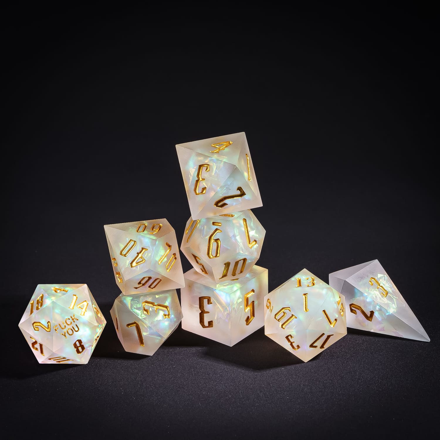 Stacked Frosted Beam Fuck You Sharp Edge Dice Set with glowing pearlescent resin
