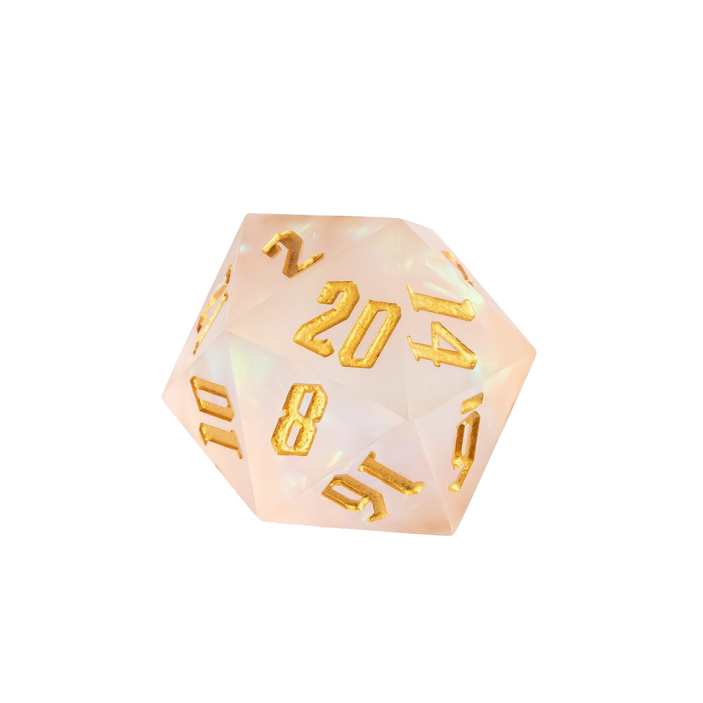 Close up of Frosted Beam sharp edge resin D20 with gold numbering and iridescent inclusions