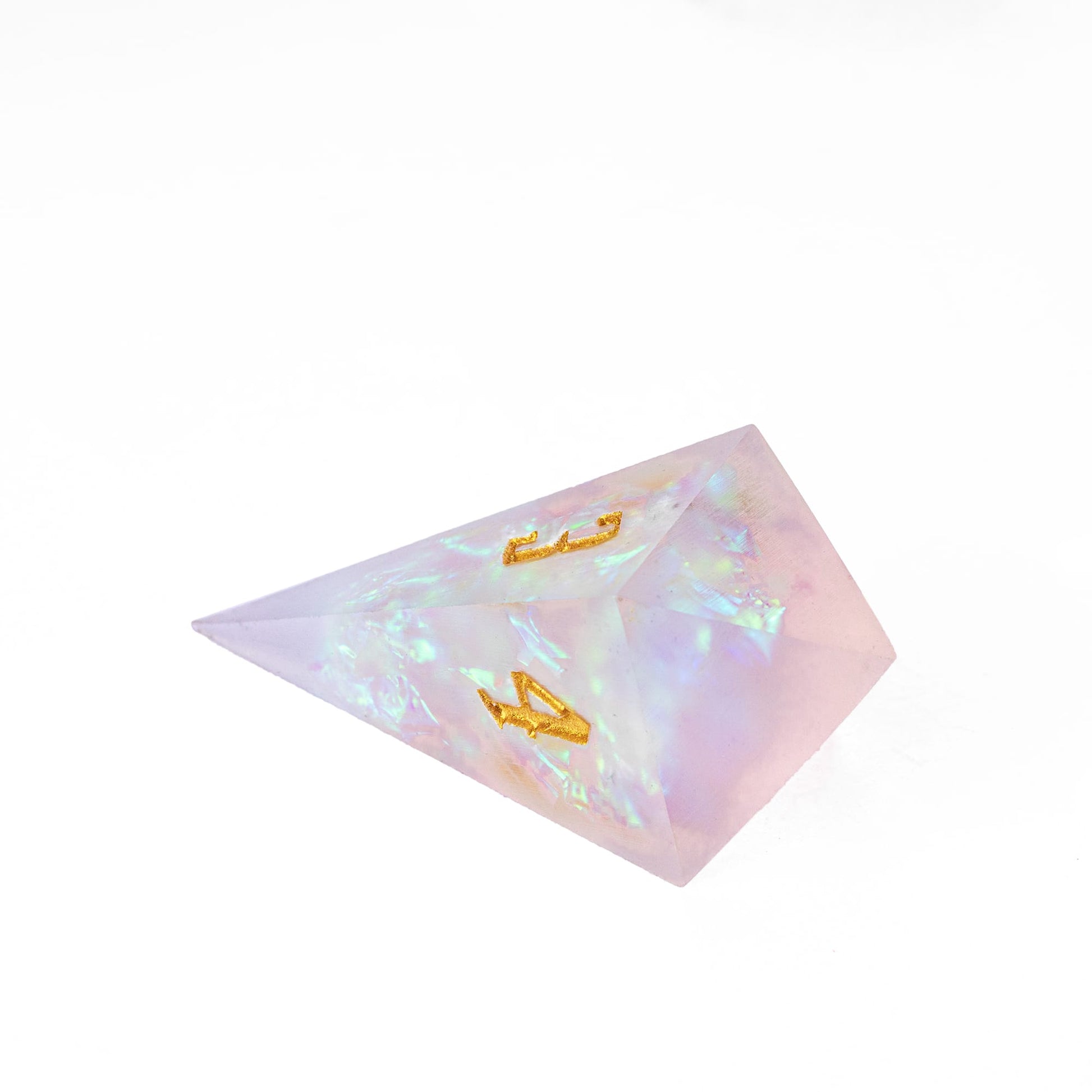 Angled view of Frosted Beam sharp edge D4 with gold numbers and iridescent resin core