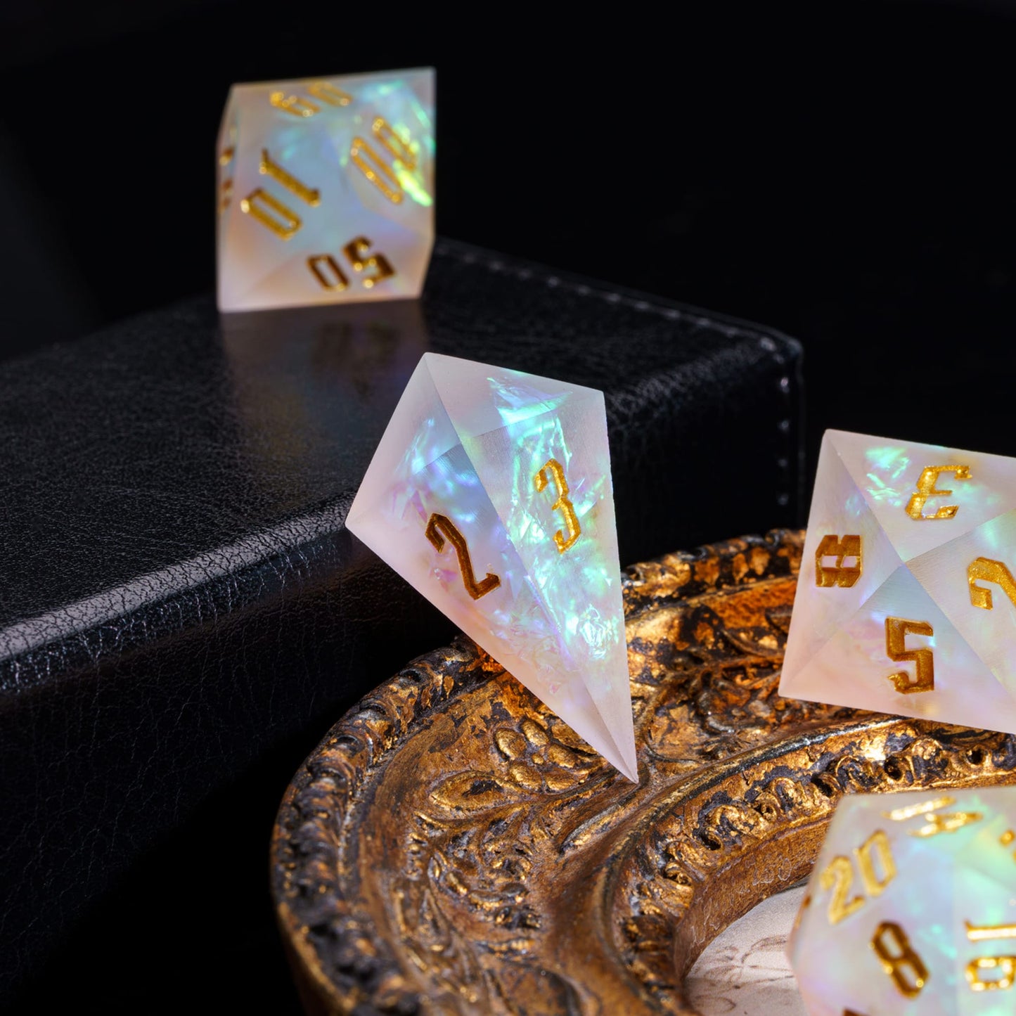 Frosted Beam sharp edge D4 and D6 with gold engraved numbers and pearlescent shimmer