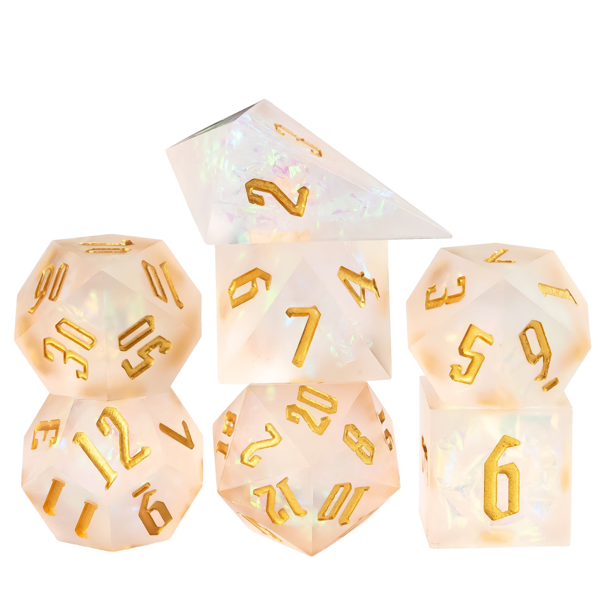 Group shot of Frosted Beam sharp edge resin dice set with gold engraved numbers