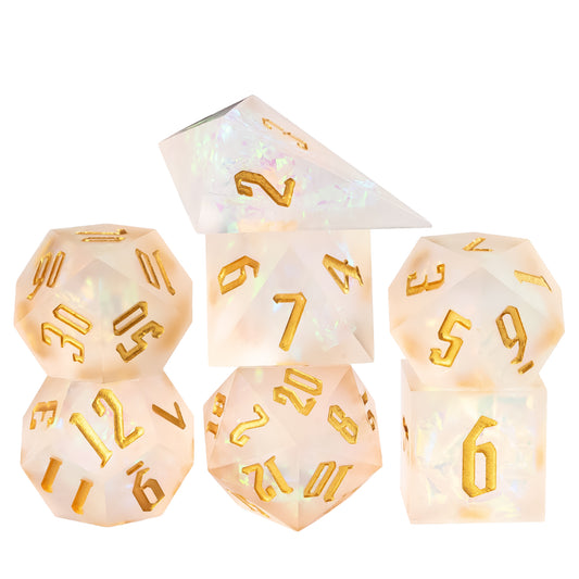 Group shot of Frosted Beam sharp edge resin dice set with gold engraved numbers