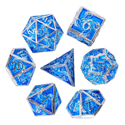 Frosted Crypt Metal Dice Set full 7 piece blue and silver RPG dice set