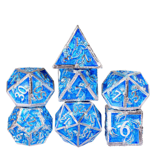 Frosted Crypt Metal Dice Set blue and silver stacked RPG dice for tabletop games