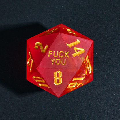 Close up of Frosted Ember Sharp Edge D20 with Fuck You face for DnD dice