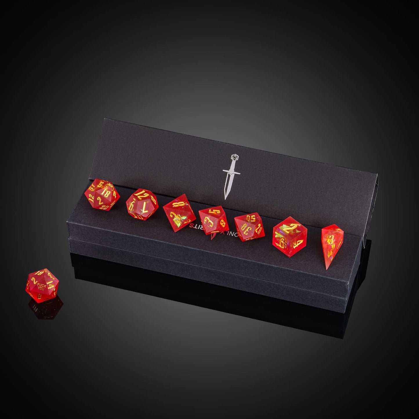 Frosted Ember Sharp Edge Dice Set displayed in Only Crits box for DnD players