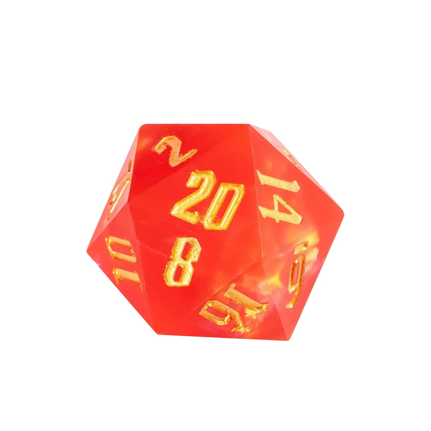 Frosted Ember sharp edge resin D20 with frosted red finish and engraved gold numbering.