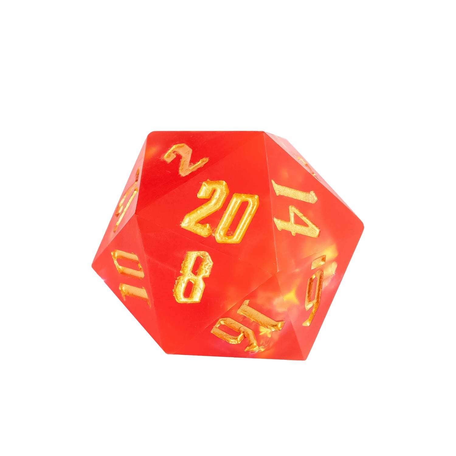 Frosted Ember sharp edge resin D20 with frosted red finish and engraved gold numbering.
