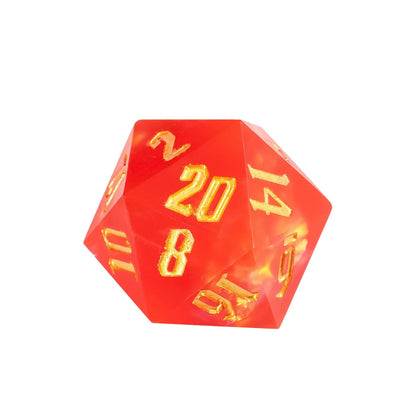 Frosted Ember sharp edge resin D20 with frosted red finish and engraved gold numbering.