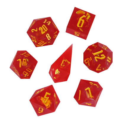 Frosted Ember sharp edge resin polyhedral dice set with frosted red finish and gold engraved numbering