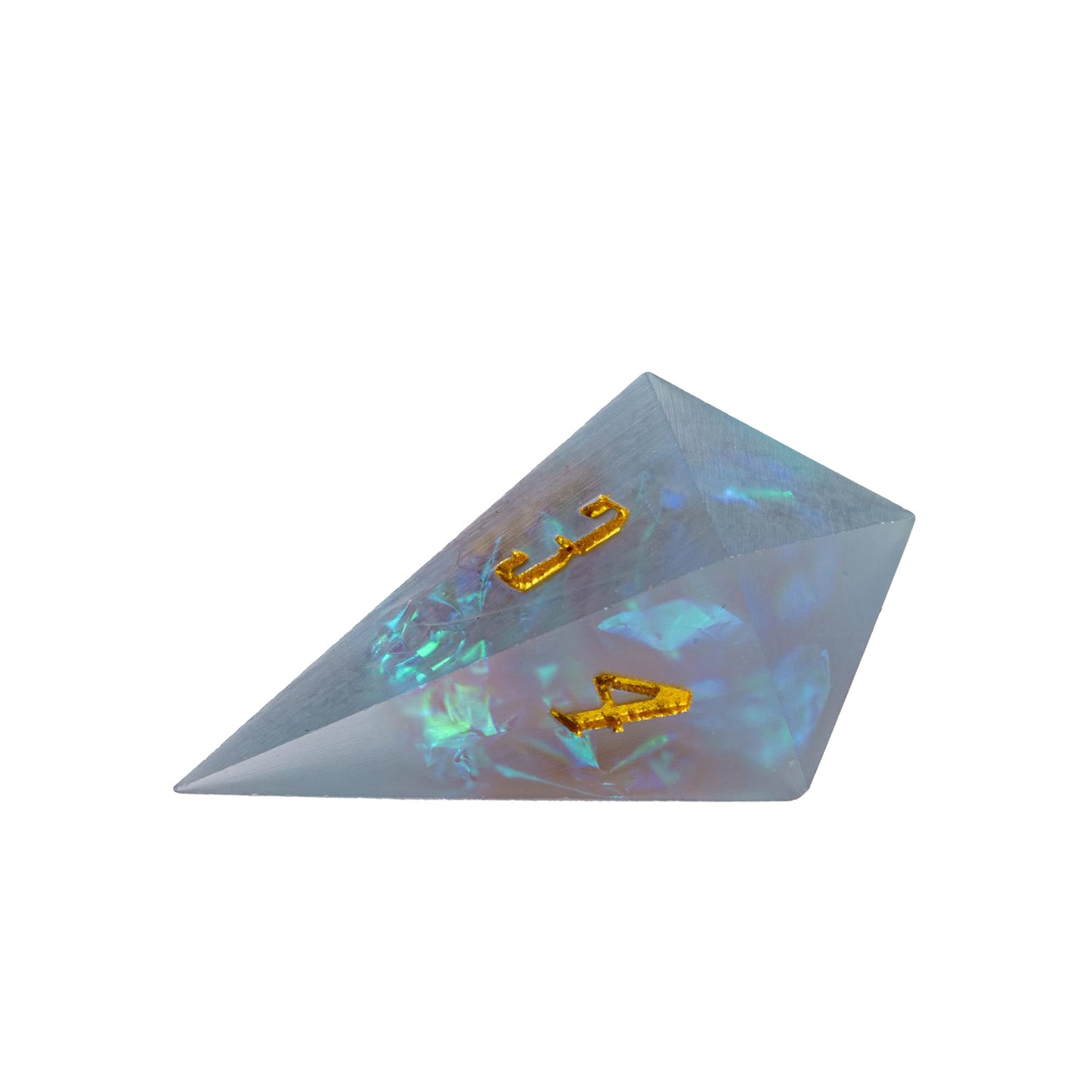 Closeup of Frosted Mirage D4 sharp edge die with frosted resin & shimmering blue core for tabletop RPG