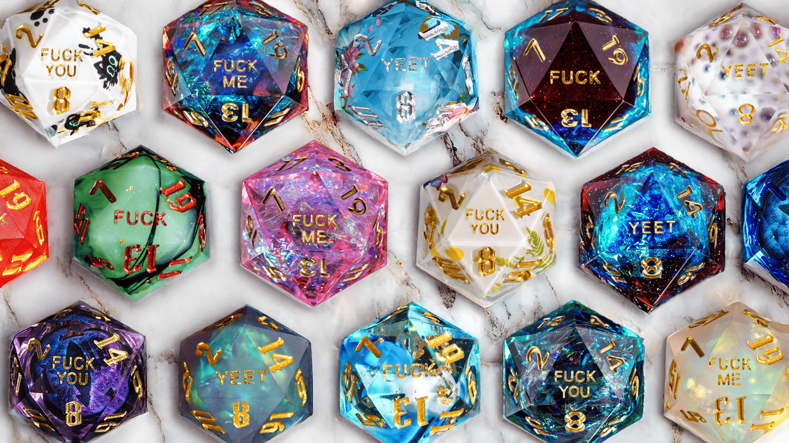 Fuck Dice 2.0 Kickstarter title page image showing 18 custom D20s with bold phrases like Fuck You and Yeet, by Only Crits