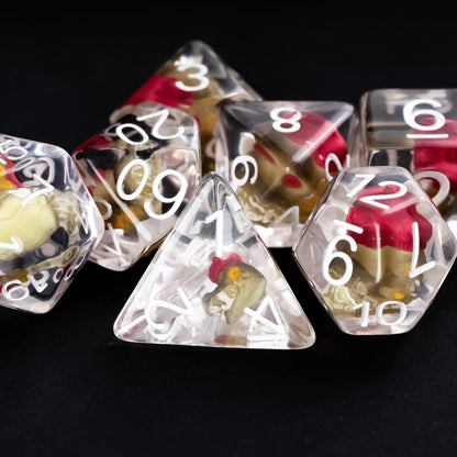 Clear resin gator dice set with white numbering for DnD and tabletop RPGs