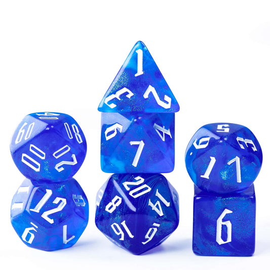 Glacier Blue Dice Set 7 piece resin polyhedral dice with icy blue swirls for DnD & RPGs