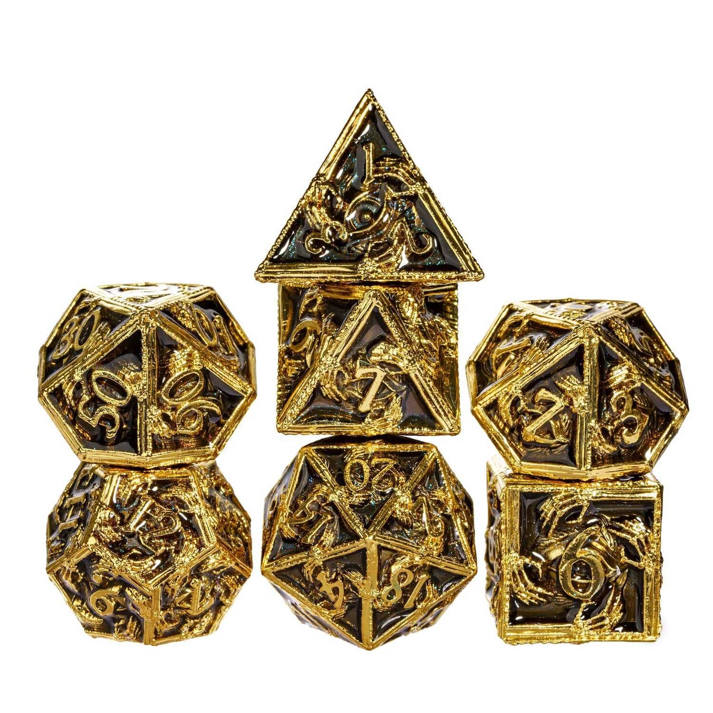 Gold and black Golden Dragon metal dice set stacked in 7 piece DnD layout