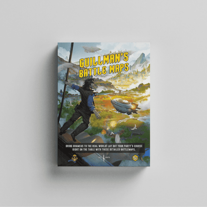 Guillman’s Battle Maps DnD 5e softcover book on a white background. The cover shows a lionfolk adventurer viewing a vibrant fantasy world with cities, airships, and terrain. Published by Only Crits for 5e gameplay.