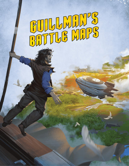 Guillman’s Battle Maps DnD 5e title page illustration featuring a lionfolk adventurer overlooking a lush fantasy landscape with rivers, forests, and a flying airship. Designed by Only Crits for Fifth Edition gameplay.