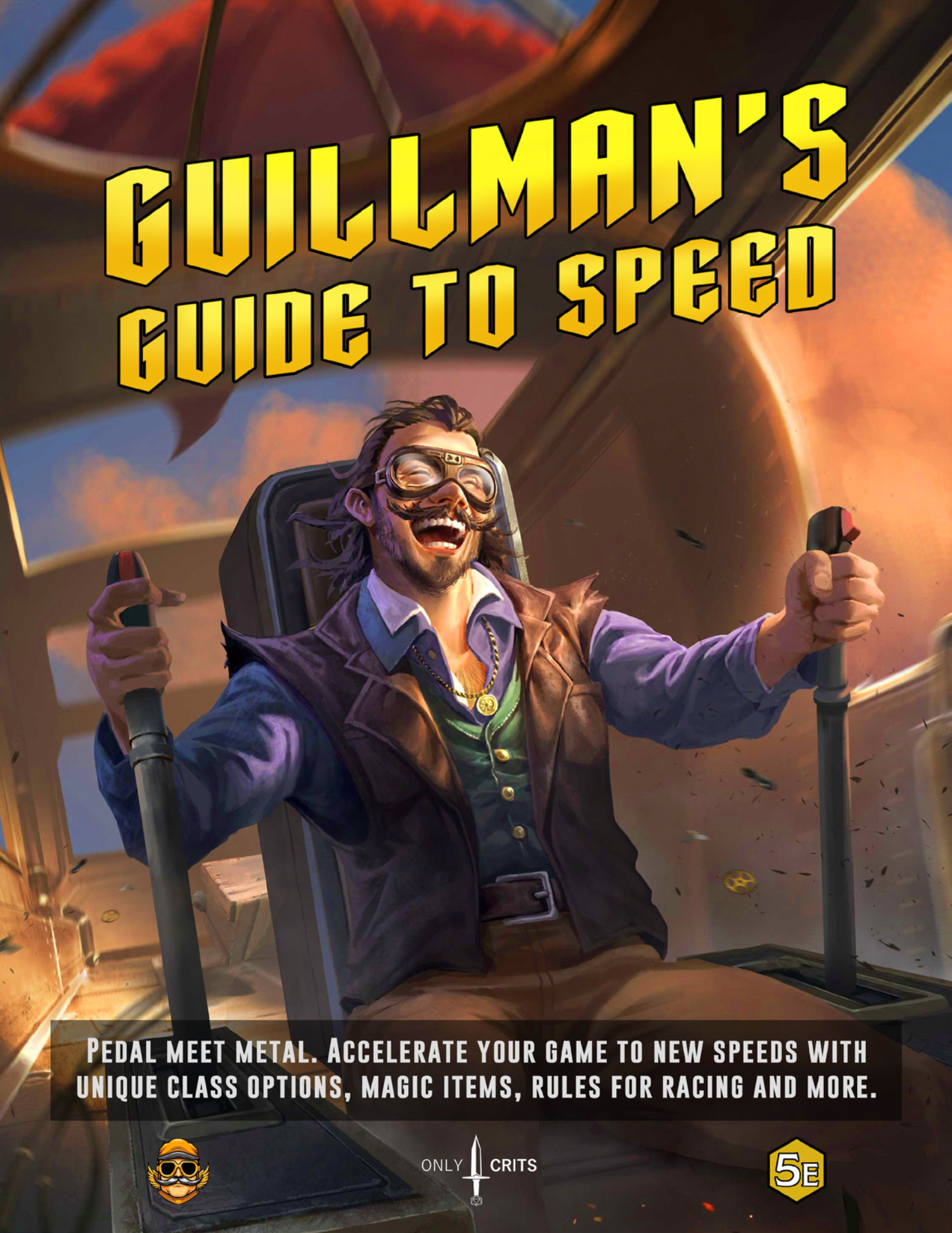 Guillman’s Guide to Speed cover art with gilded dice tie-in set for tabletop RPG adventures