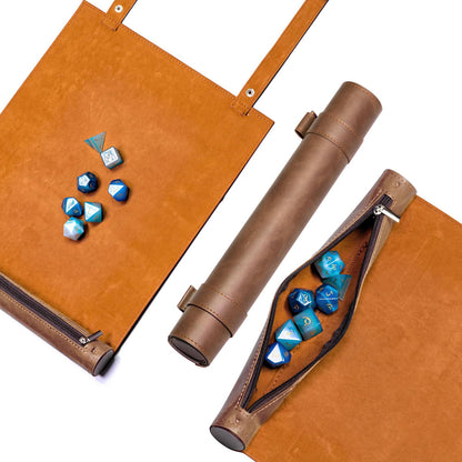 Brown leather dice rolling mat & carrying case with Guillman’s Gilded Dice for tabletop RPG sessions
