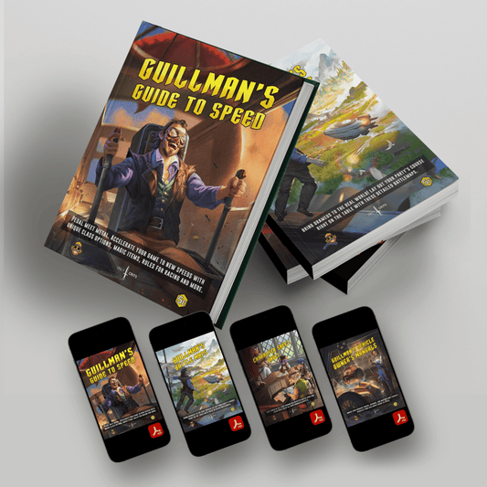 Guillman’s Guide to Speed All-In Book Bundle showing four physical books stacked with four matching PDFs displayed on smartphones. Includes the core book, Battle Maps, Character Sheet Vault, and Vehicle Owner’s Manuals. Designed for DnD 5e by Only Crits.