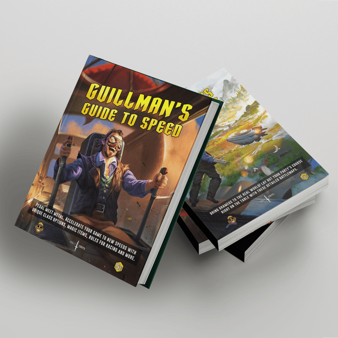 Stack of four DnD 5e books from the Guillman’s Guide to Speed series by Only Crits. The image features the hardcover core rulebook on top, with the Battle Maps, Vehicle Owner’s Manuals, and Character Sheet Vault softcovers underneath.