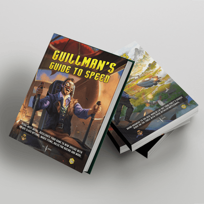 Stack of four DnD 5e books from the Guillman’s Guide to Speed series by Only Crits. The image features the hardcover core rulebook on top, with the Battle Maps, Vehicle Owner’s Manuals, and Character Sheet Vault softcovers underneath.