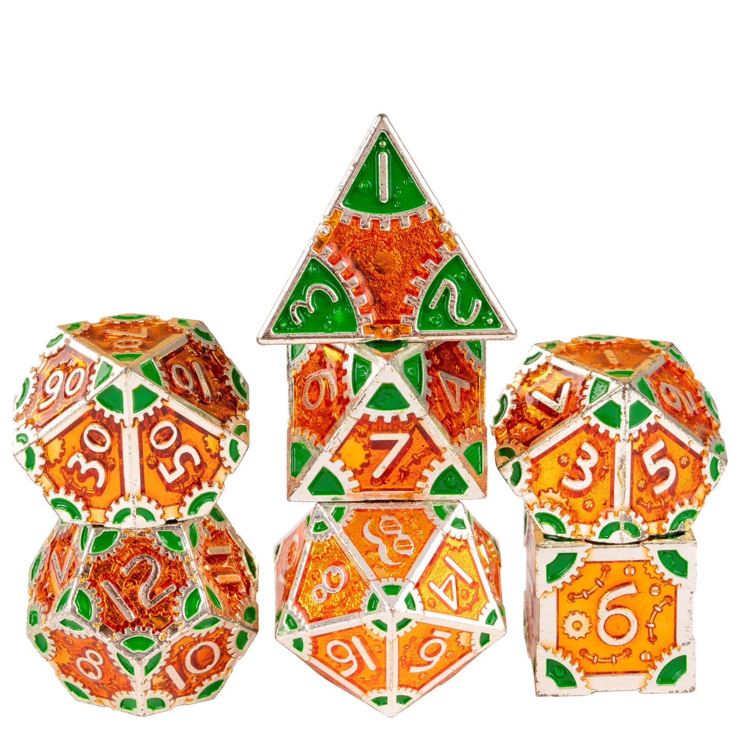 Guillman's Guilded Metal Dice Set stacked display featuring orange translucent metal-framed dice with green accents and silver numbering