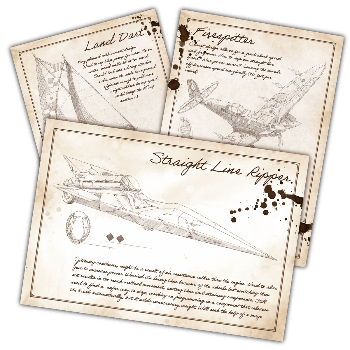 Three sepia-toned blueprint-style DnD vehicle designs from Guillman’s Vehicle Owner’s Manuals, including the Land Dart, Firespitter, and Straight Line Ripper. Features sketch-style art with handwritten notes and ink stains. Created by Only Crits for 5e.