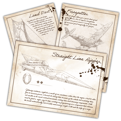 Three sepia-toned blueprint-style DnD vehicle designs from Guillman’s Vehicle Owner’s Manuals, including the Land Dart, Firespitter, and Straight Line Ripper. Features sketch-style art with handwritten notes and ink stains. Created by Only Crits for 5e.