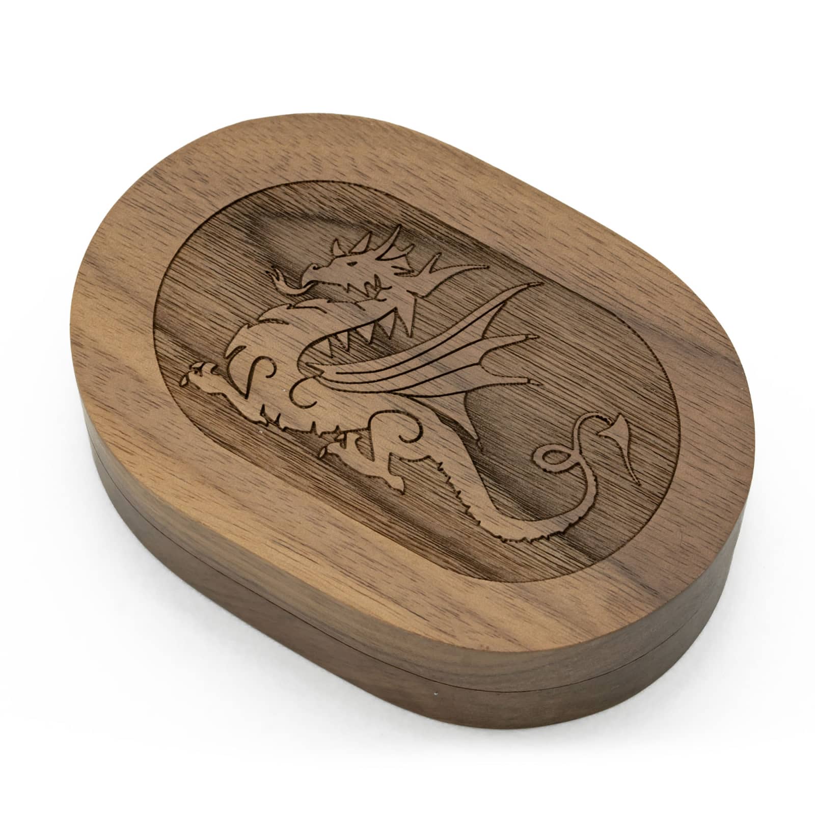 Hearthstone Coffer Dice Case in Black Walnut closed with dragon engraving