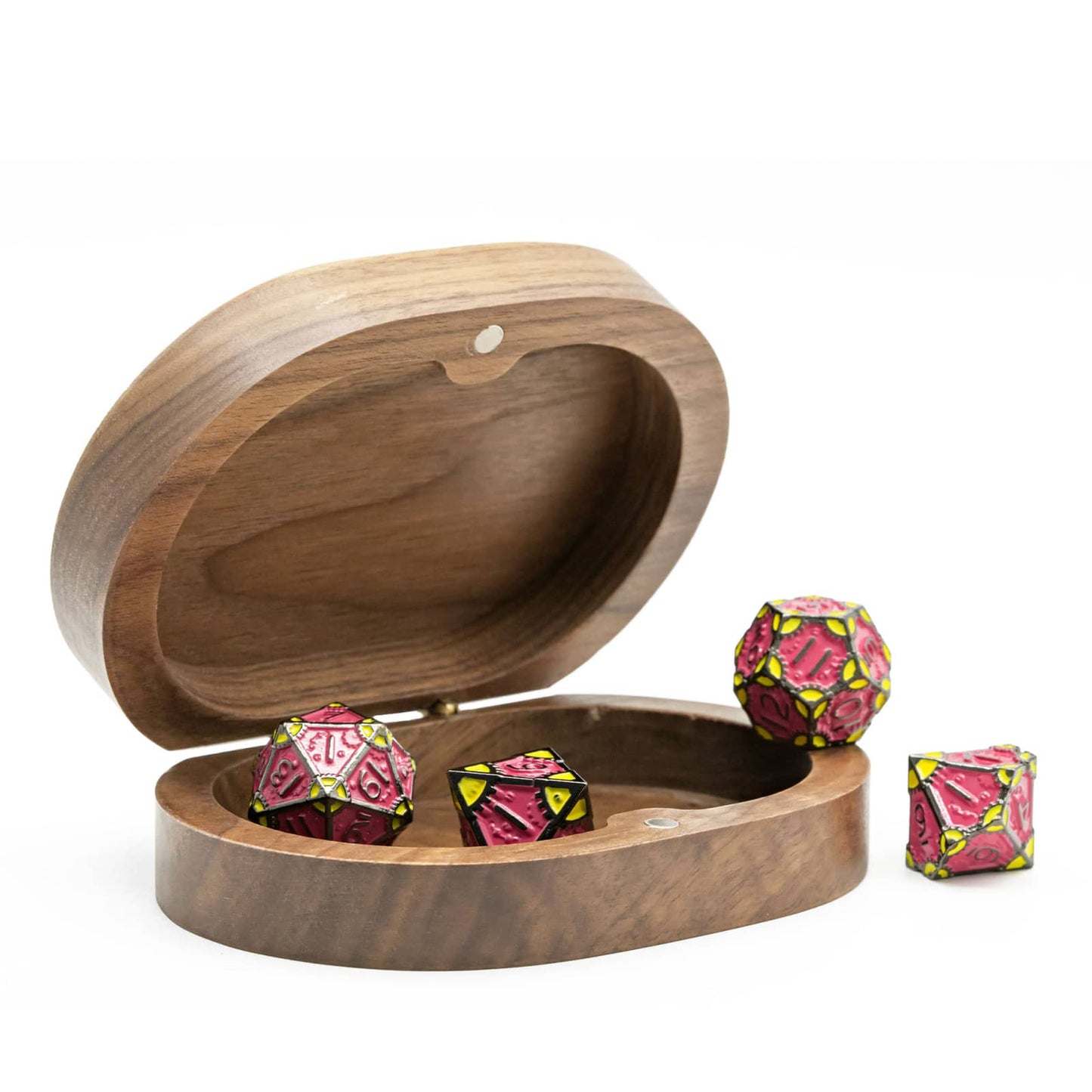 Hearthstone Coffer Dice Case in Black Walnut open with pink metal dice displayed