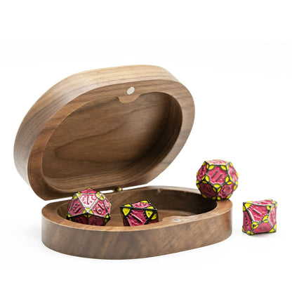 Hearthstone Coffer Dice Case in Black Walnut open with pink metal dice displayed