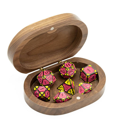 Hearthstone Coffer Dice Case in Black Walnut opened with metal dice inside