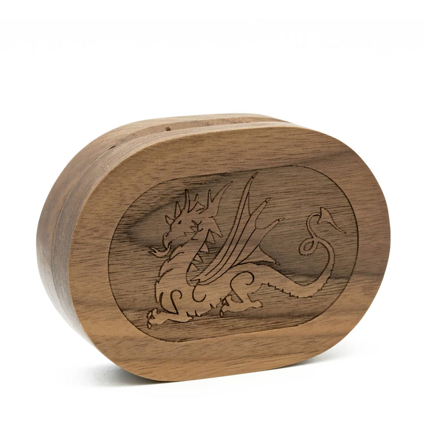 Hearthstone Coffer Dice Case Black Walnut top view with dragon engraving