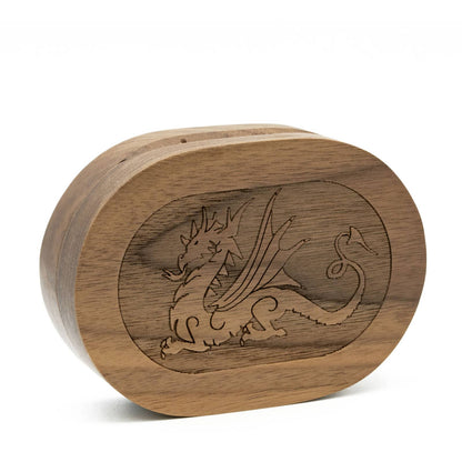 Hearthstone Coffer Dice Case Black Walnut top view with dragon engraving
