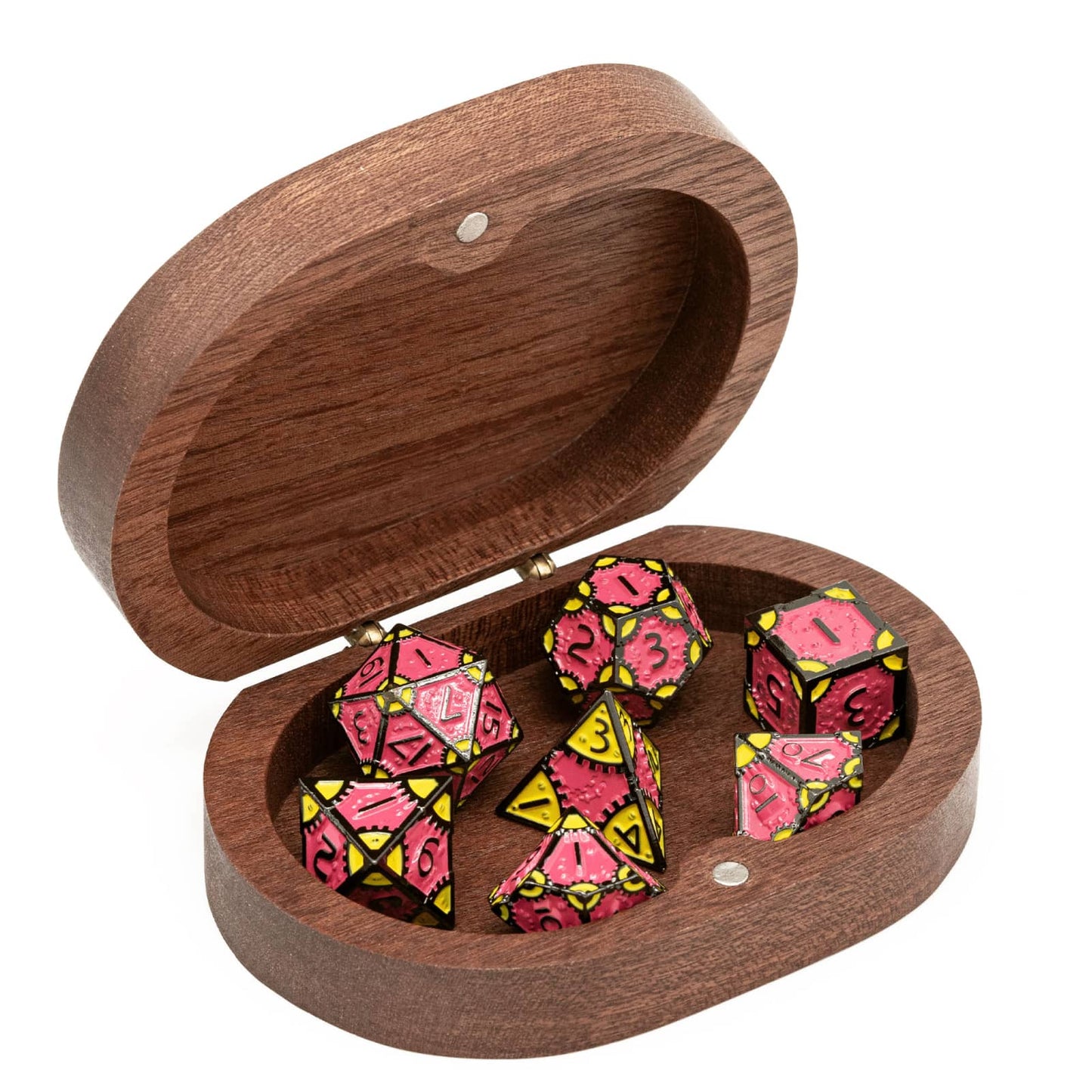 Hearthstone Coffer Dice Case in Sapelli opened with metal dice inside