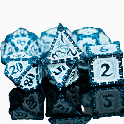 Icy Blade metal dagger dice set for DnD & TTRPG, close-up with reflection