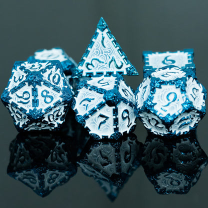 Icy Blade metal dagger dice set for DnD & TTRPG, front view with reflection