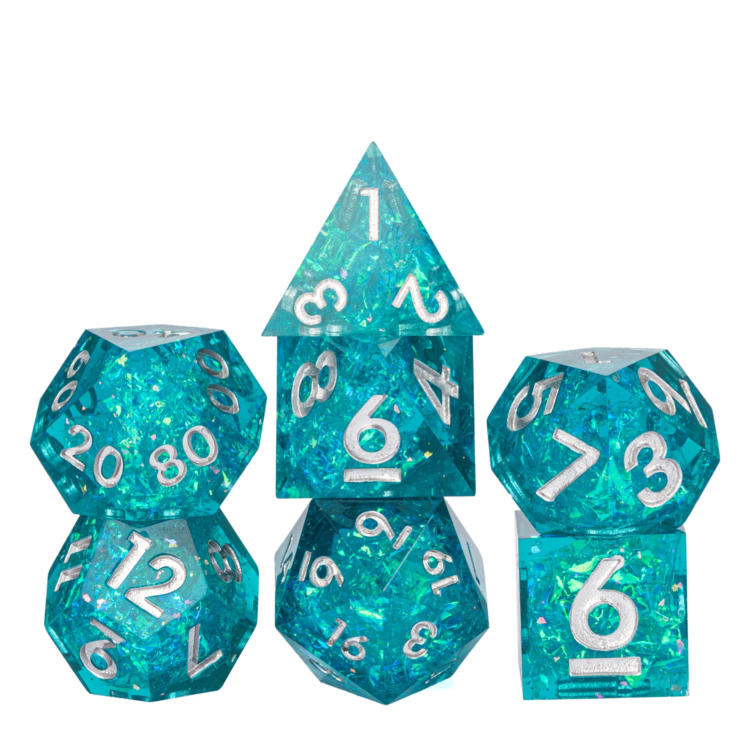 Icy Shard dice set for DnD and tabletop RPG, sharp edge teal resin dice with silver numbers